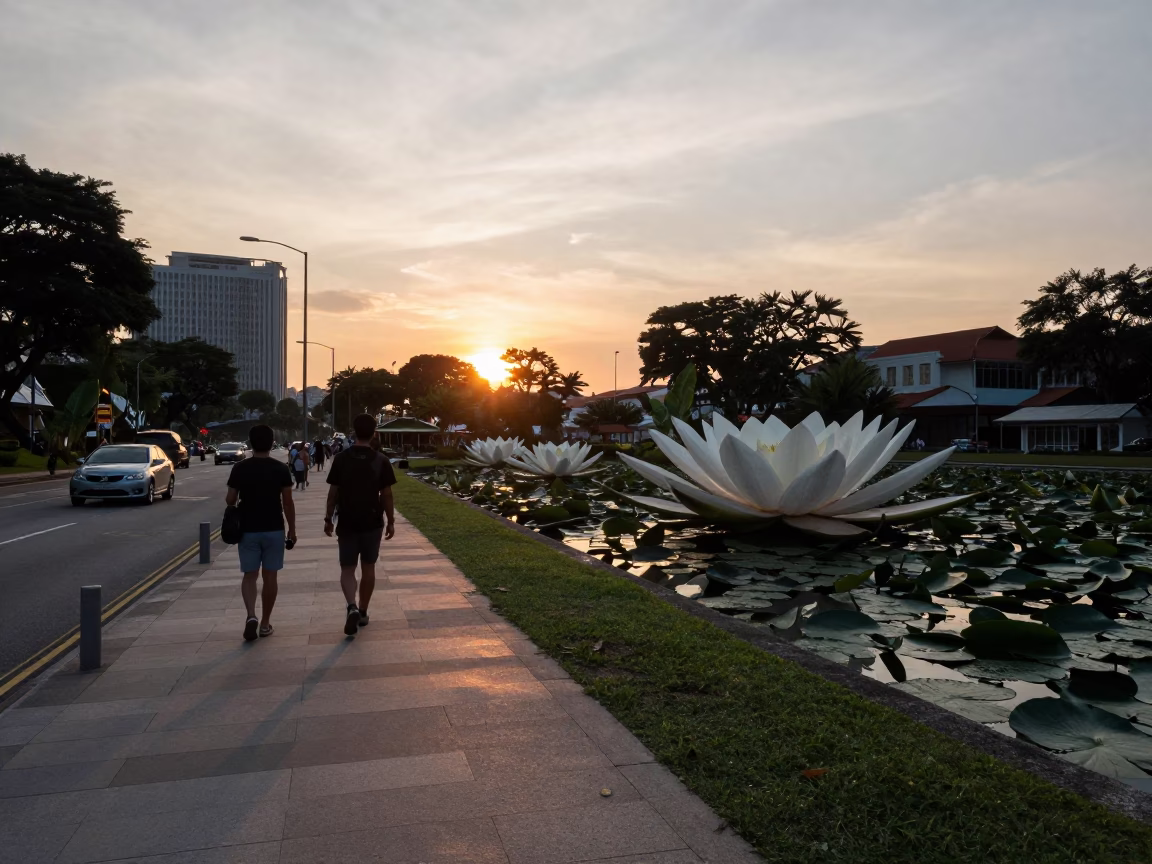 Singapore Street Scene at Sunset with Giant Water Lily and Brooch in in Singapore, Singapore