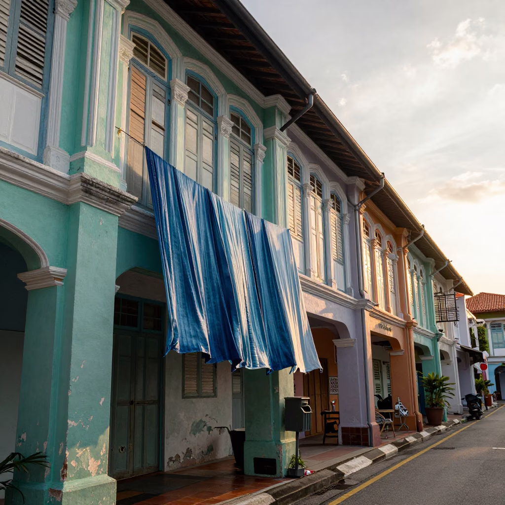 Singapore Street Scene at Sunset with Indigo Fabric Drying and Local Market Activity in in Singapore, Singapore