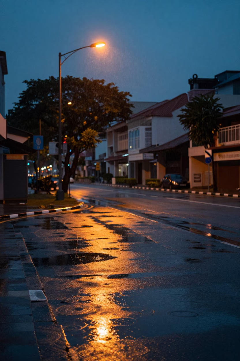 Singapore Street Scene in Predawn Darkness with Streetlight and Rain in in Singapore, Singapore