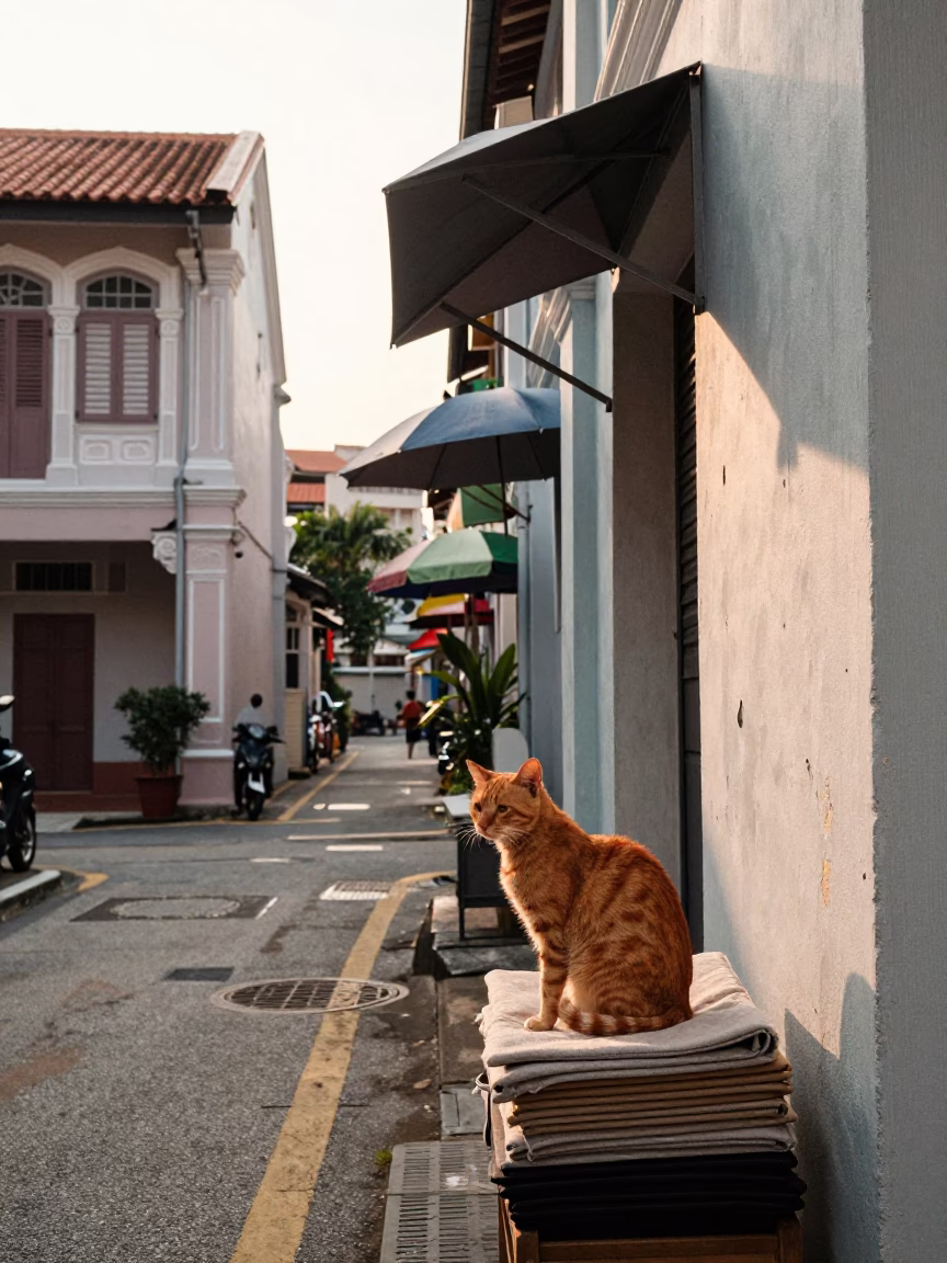 Singapore street scene just after sunrise with orange cat near umbrellas in in Singapore, Singapore