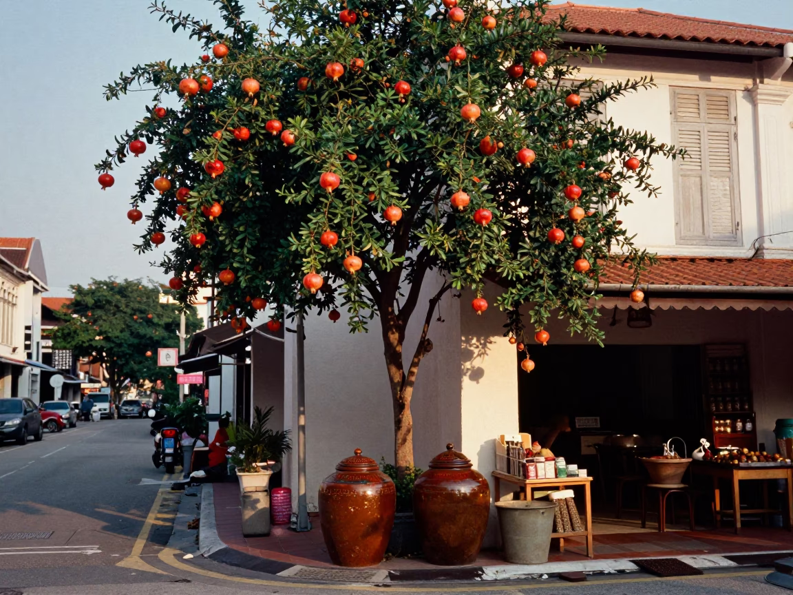 Singapore street scene just after sunrise with pomegranate tree and spice jar in in Singapore, Singapore