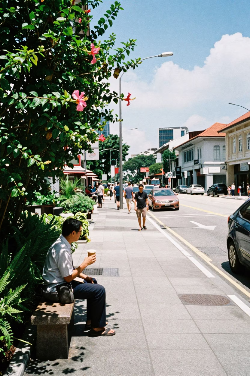 Singapore Street Scene Under Noon Sun With Hibiscus Flower Detail in in Singapore, Singapore