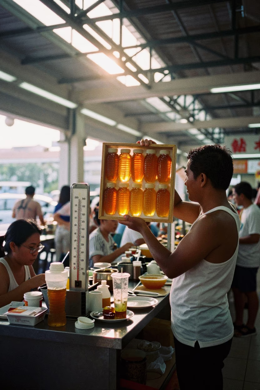 Singapore Street Stall at Sunrise with Thermometer and Honey Frame Inspection in in Singapore, Singapore