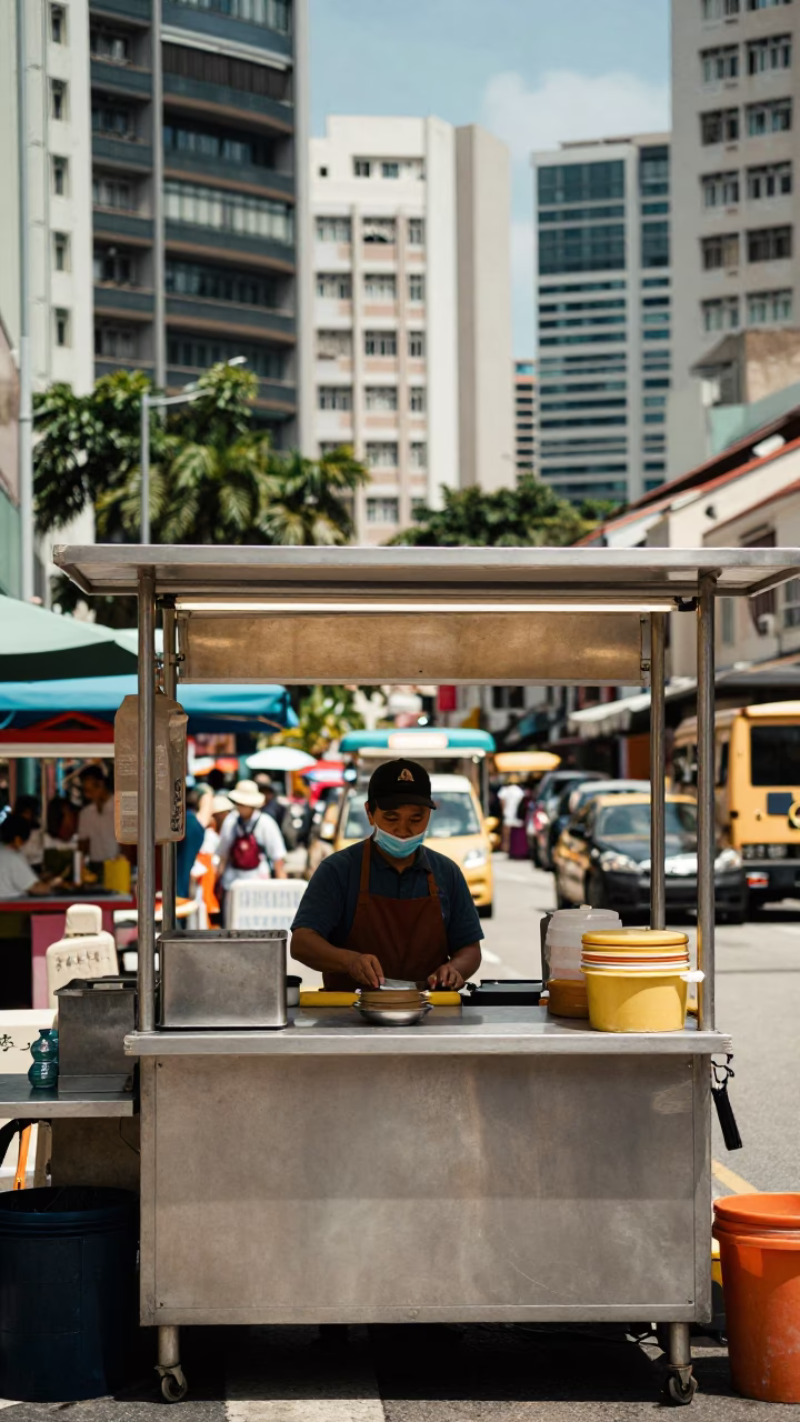 Singapore Street Stall at The Flat Glare Of Noon Light in in Singapore, Singapore