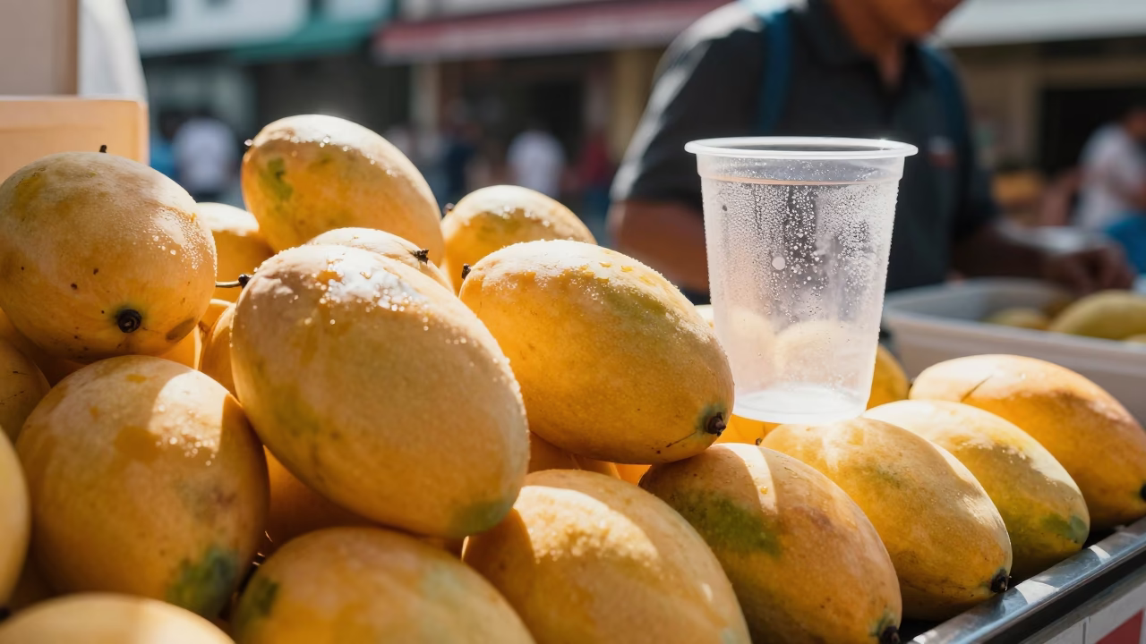 Singapore Street Stall Early Afternoon Mangoes and Condensation in in Singapore, Singapore