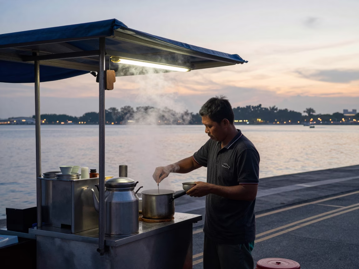 Singapore street vendor nautical dawn coffee stall with steam and urban backdrop in in Singapore, Singapore