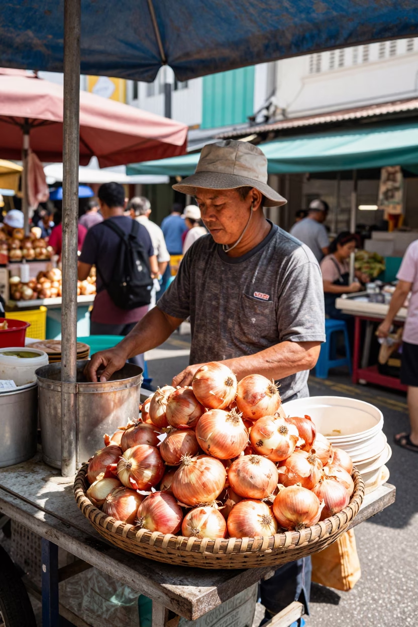 Singapore Street Vendor Selling Fresh Onions in Bright Midmorning Light in in Singapore, Singapore