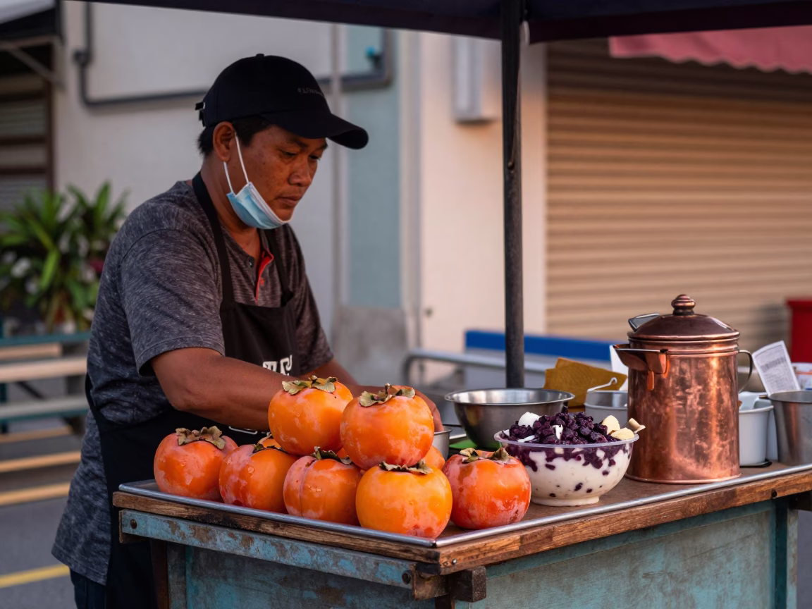 Singapore Street Vendor Serving Persimmons and Açaí Bowl in Copper Toned Dusk Light in in Singapore, Singapore