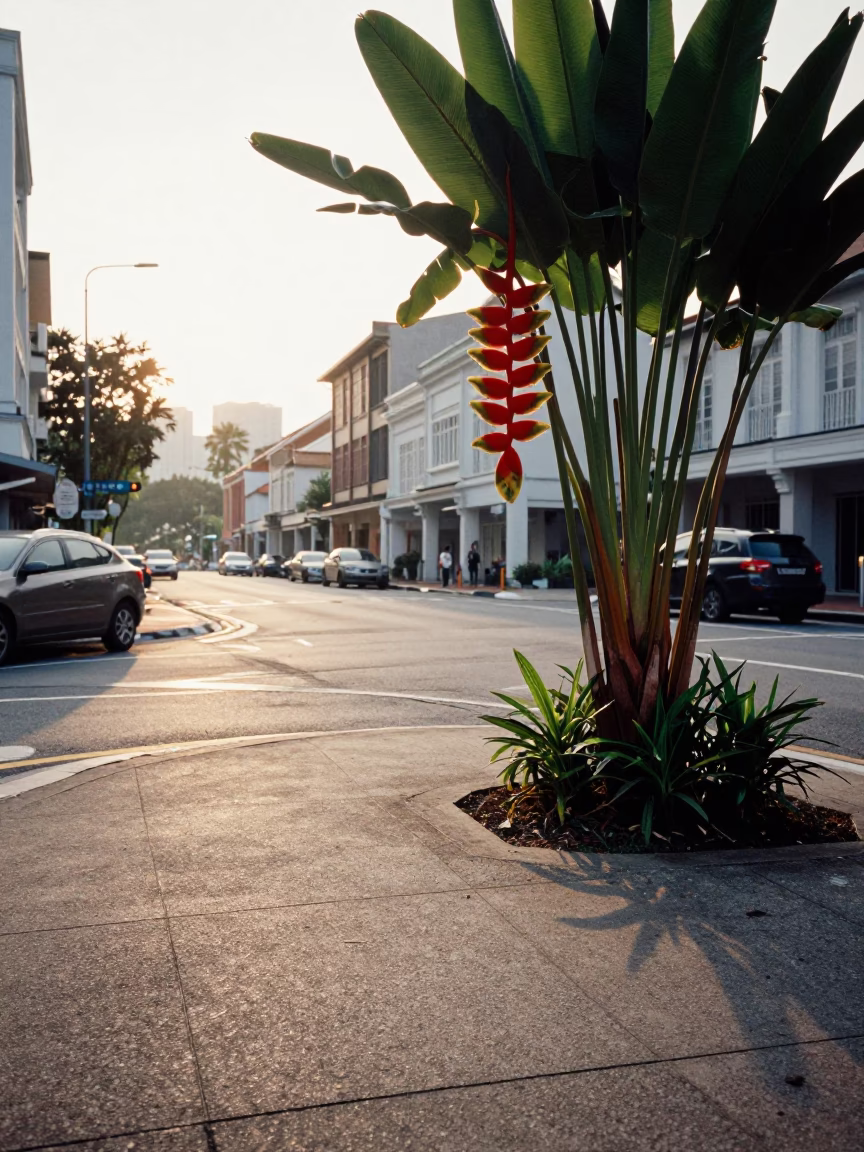 Singapore Sunrise Street Scene with Heliconia and Turnbuckle Details in in Singapore, Singapore
