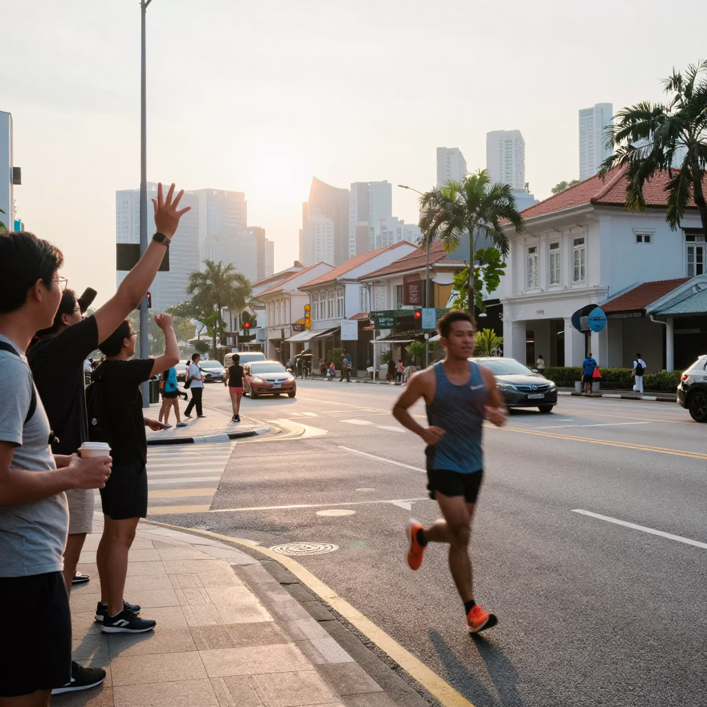 Singapore Sunrise Street Scene with Runner and Coffee Cup in in Singapore, Singapore