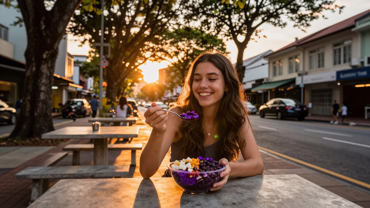 Singapore Sunset Street Scene with Acai Bowl and Local Dining in in Singapore, Singapore