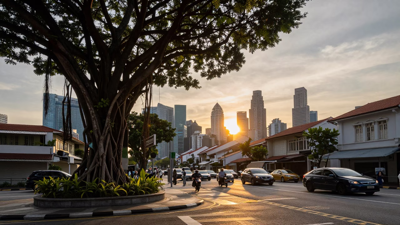 Singapore Sunset Street Scene with Banyan Tree and Busy Urban Life in in Singapore, Singapore