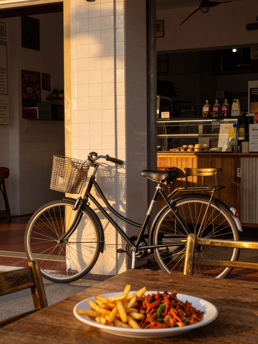 Singapore Sunset Street Scene with Bicycle and Bakery Shopfront in in Singapore, Singapore