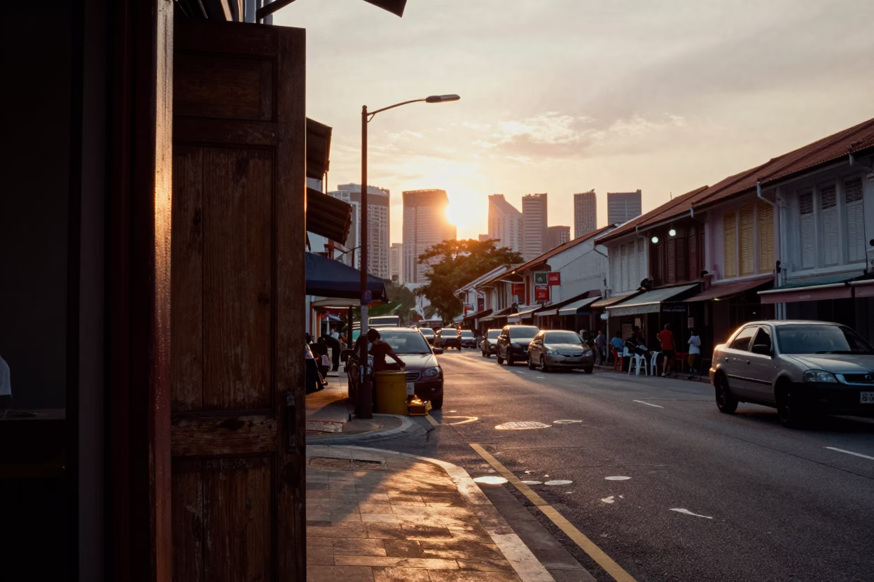 Singapore Sunset Street Scene with Doorframe and Local Life in in Singapore, Singapore