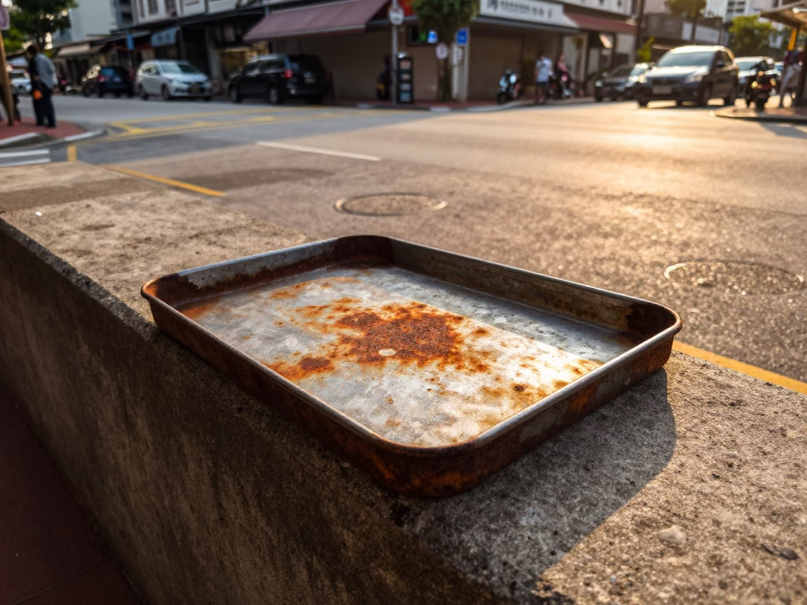 Singapore Sunset Street Scene with Rusty Metal Tray and Coat Brush in in Singapore, Singapore