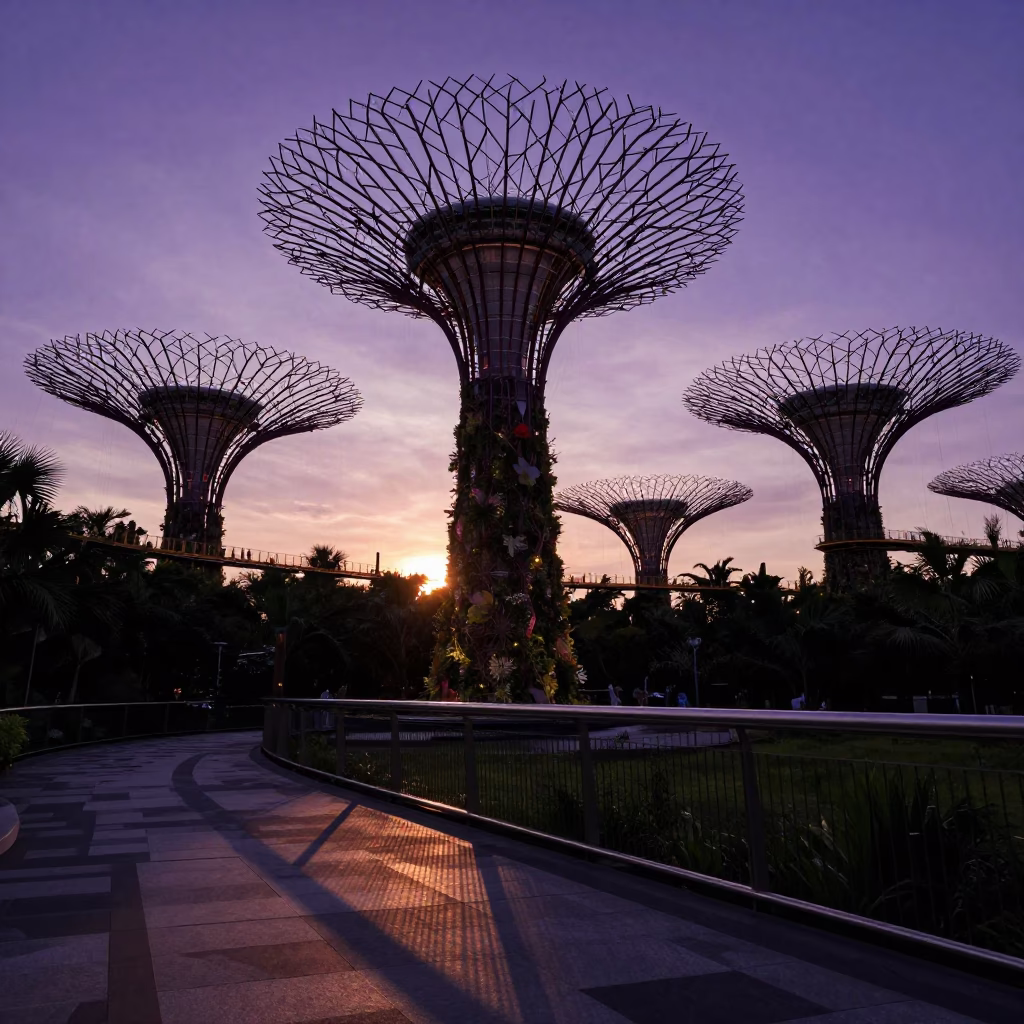 Singapore Supertree Grove at Sunset with Brushed Steel Railings and Urban Skyline in in Singapore, Singapore