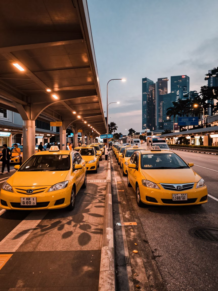 Singapore Taxi Rank Before Dusk with Leaf Shadows and Street Life in in Singapore, Singapore