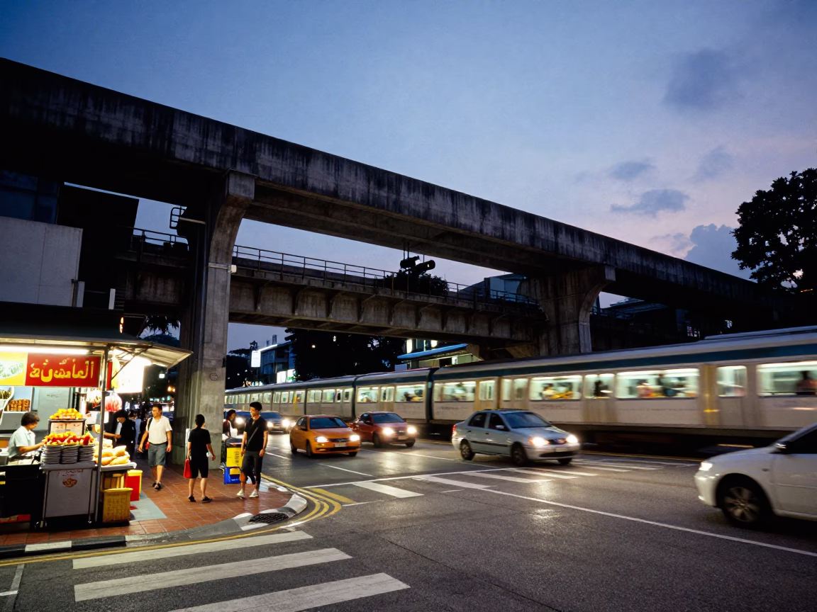 Singapore Twilight Railway Viaduct and Urban Street Scene with Passing Train in in Singapore, Singapore