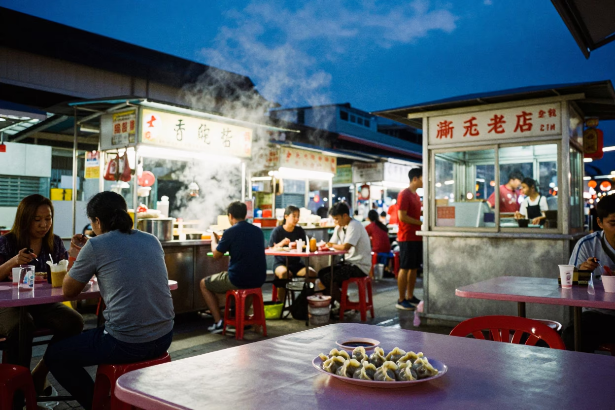 Singapore Twilight Street Scene with Food Stall and Substation in in Singapore, Singapore