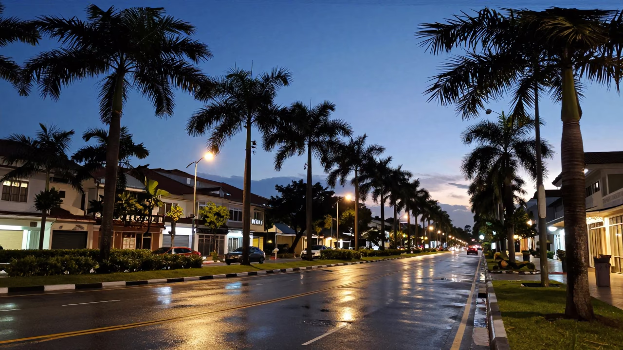 Singapore Twilight Street Scene with Palm Trees and Wet Road Reflections in in Singapore, Singapore