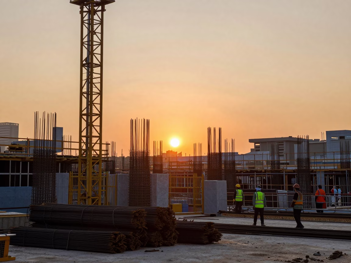 Singapore Urban Construction Site at Sunset with Rebar and Elevator Gate in in Singapore, Singapore