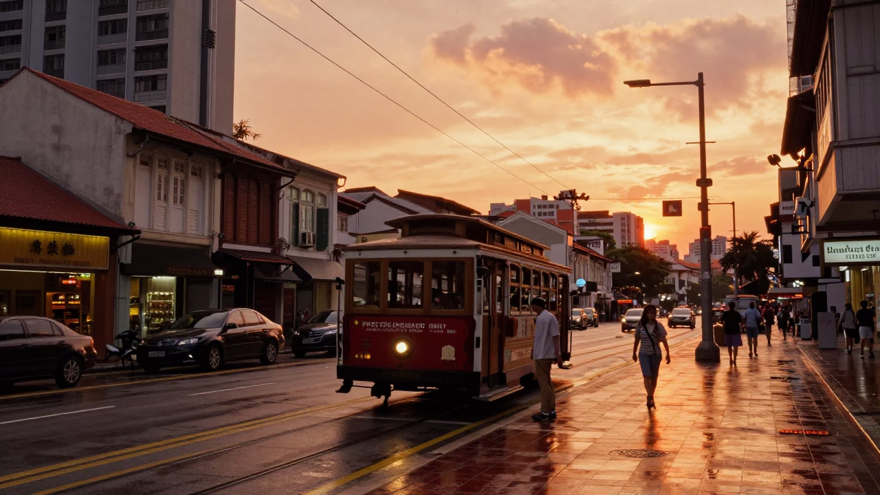 Singapore Urban Sunset Street Scene with Cable Car and Porcelain Kitchenware in in Singapore, Singapore