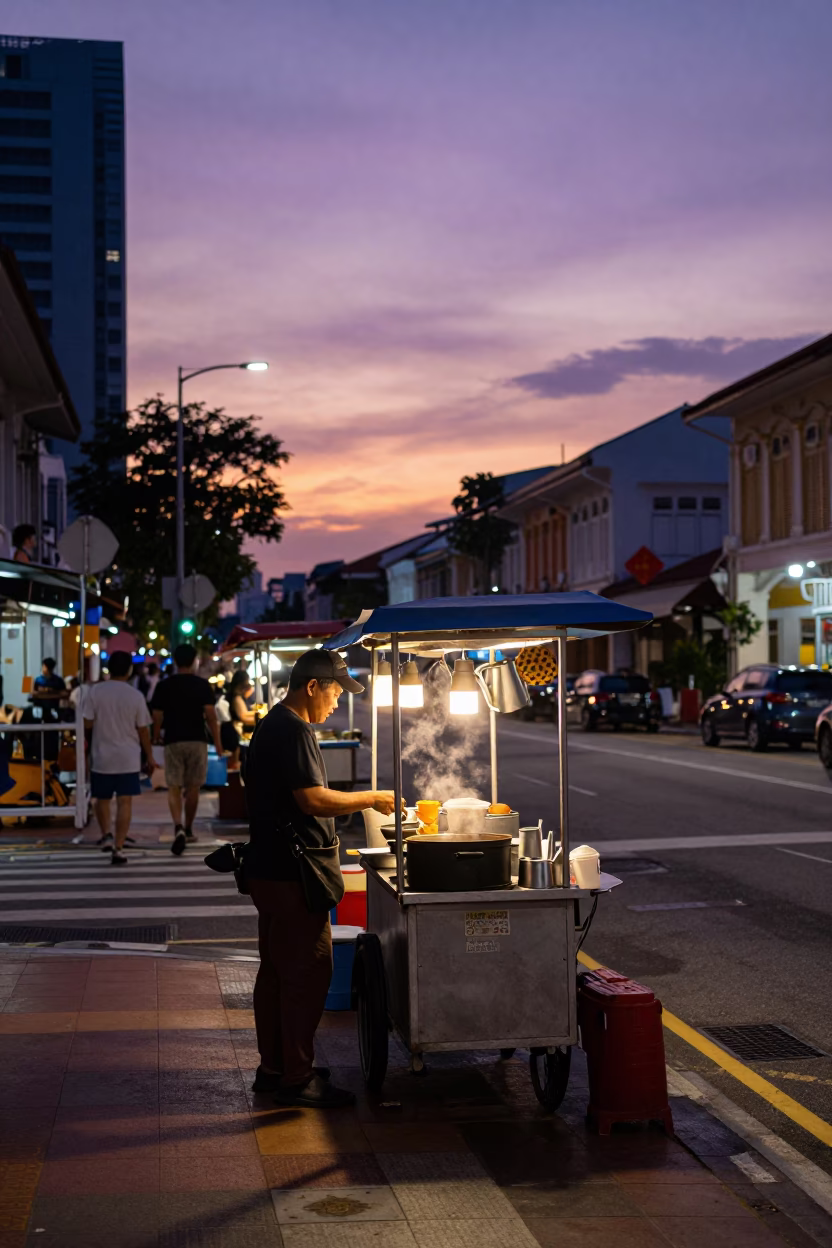 Singapore Urban Sunset Street Scene with Local Street Food Vendor Setup in in Singapore, Singapore