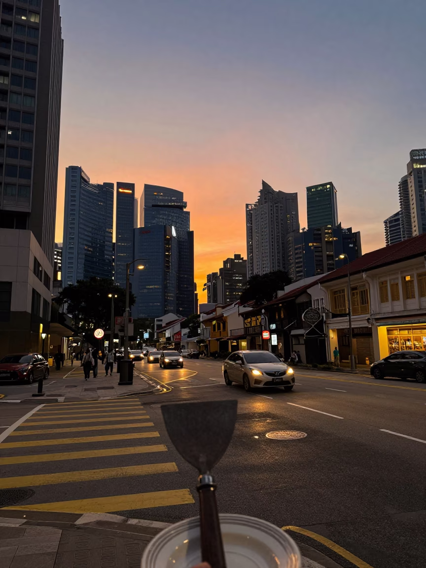 Singapore Urban Sunset Street Scene with Trowel and Plate in in Singapore, Singapore