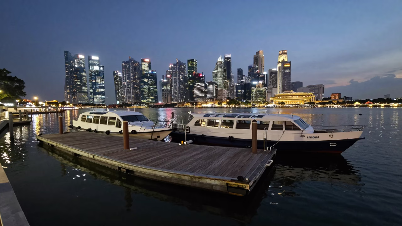Singapore Water Taxi Dock at Dusk with Floating Pier and City Skyline Glow in in Singapore, Singapore