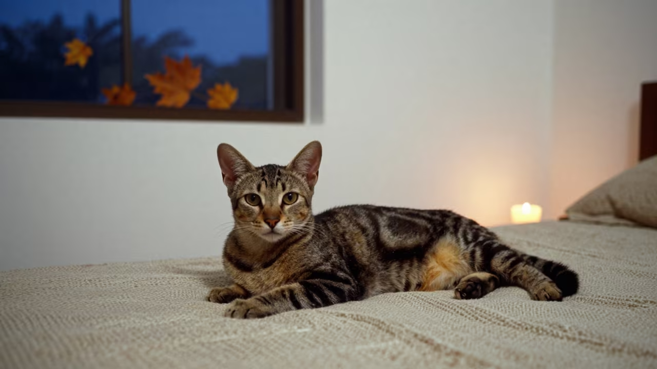 Singapura Cat Lounging by Candlelight in on a bedspread near a bright window with calm indoor light in Victoria