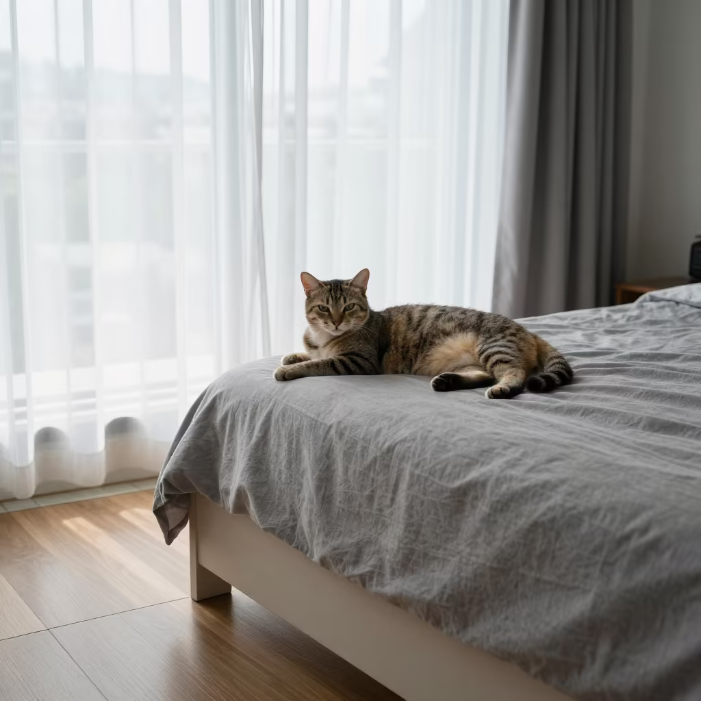 Singapura Cat Lounging on Bedspread Near Window in on a bedspread near a bright window with calm indoor light in Gastown, Vancouver