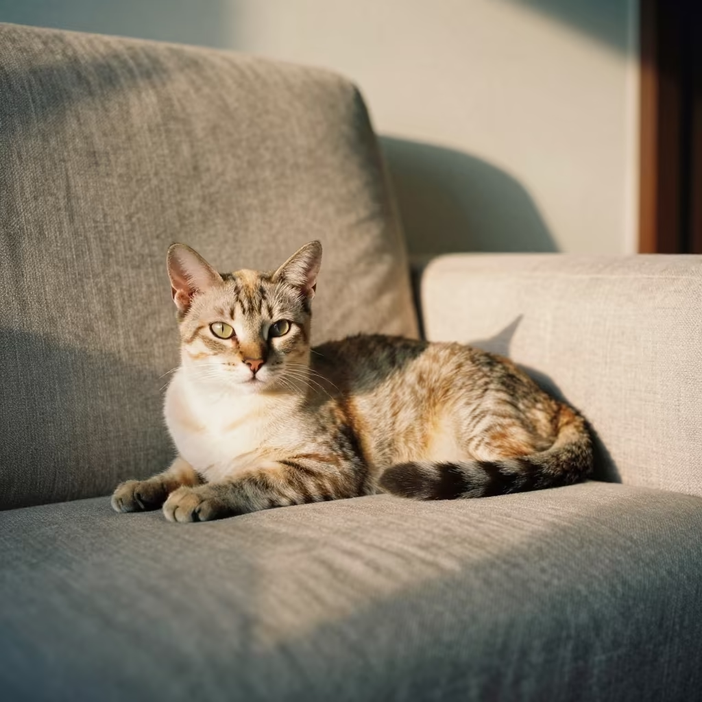 Singapura Cat Lounging on Linen Sofa at Dawn in on a linen sofa with daylight from a nearby window in Tanah Abang, Jakarta
