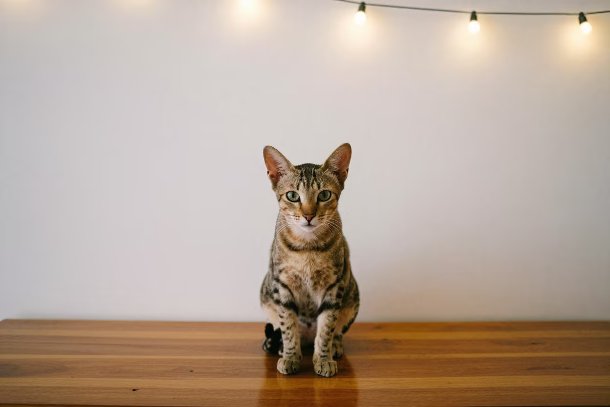 Singapura Cat Portrait by Plaster Wall in beside a plain plaster wall in soft indoor light with the animal centered in frame in Oshawa