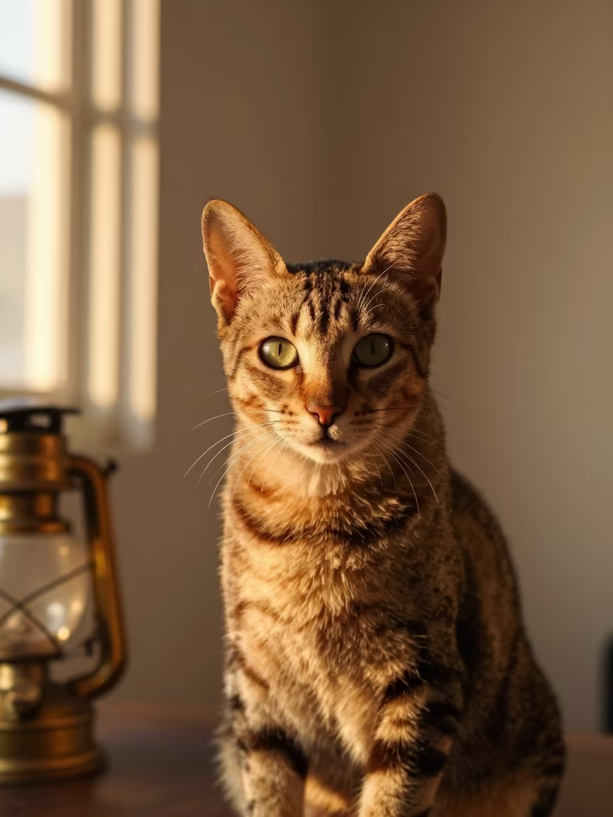 Singapura Cat Portrait in Amber Studio Light in in a quiet portrait studio with a plain backdrop and eye-level framing in Isfahan