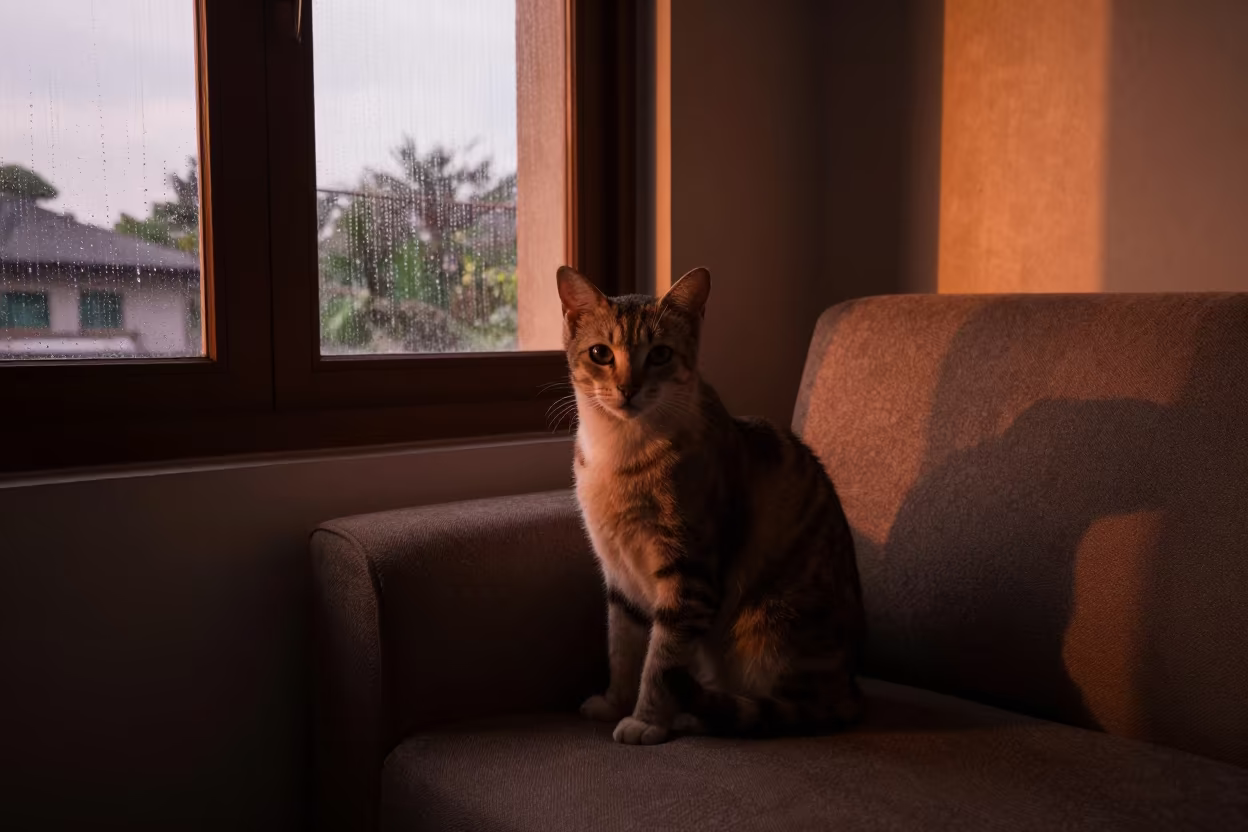 Singapura Cat Portrait on Sofa in Dhamar Window Light in on a sofa near a curtained window with calm indoor light in Dhamar