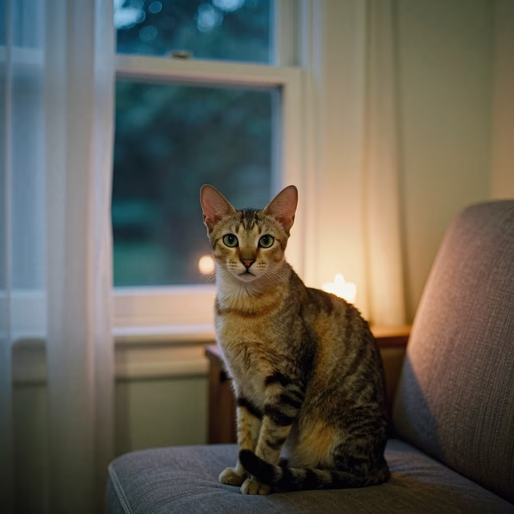 Singapura Cat Portrait on Sofa in Napier Night in on a sofa near a curtained window with calm indoor light in Napier