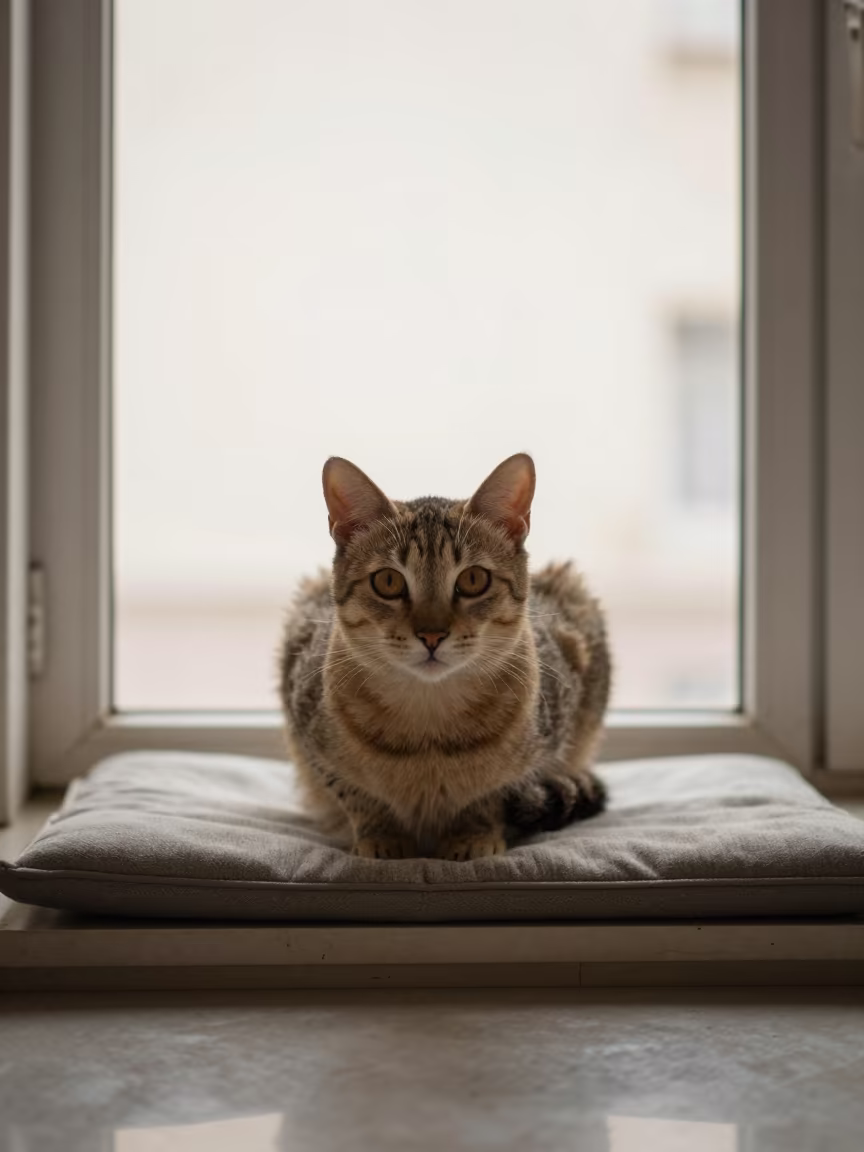 Singapura Cat Portrait on Window Seat Ulaanbaatar in on a cushioned window seat with soft side light and an uncluttered background in Ulaanbaatar