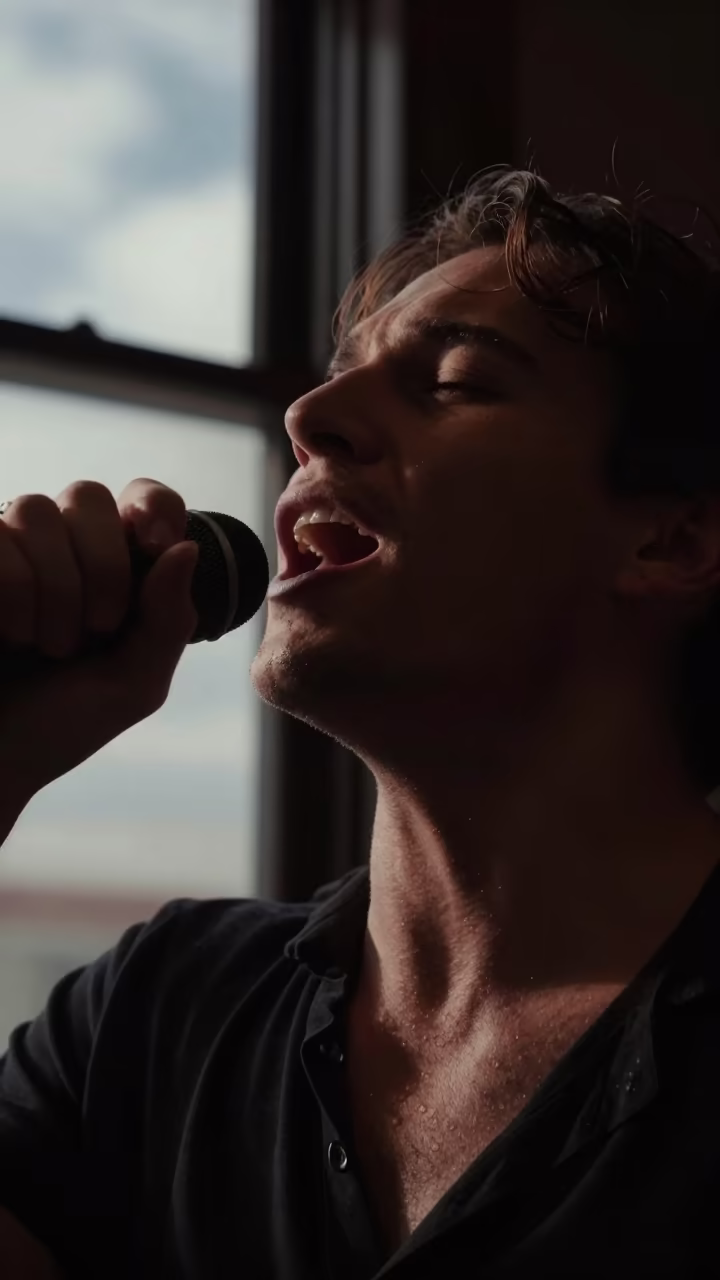 Singer Belting High Note in Leslieville Theater in on a theater stage in Leslieville, Toronto