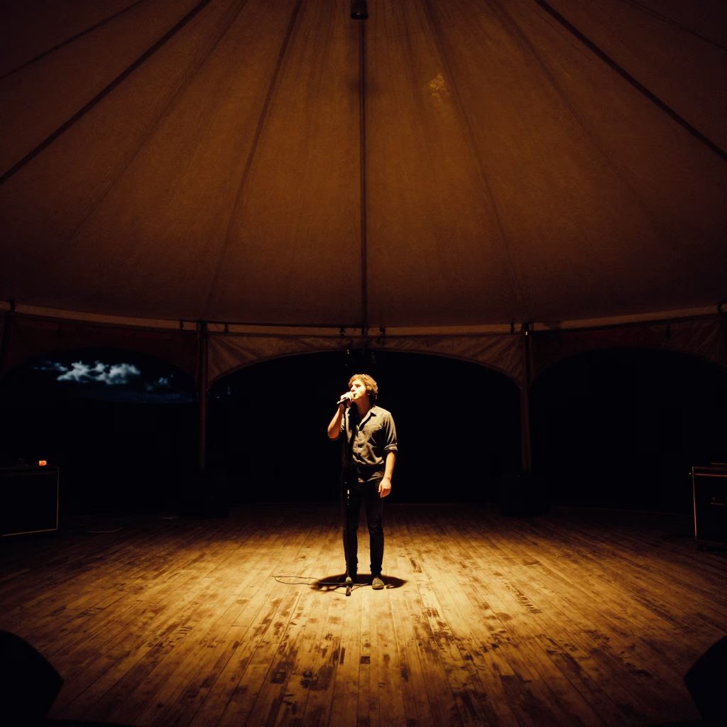 Singer at Harbin Circus Tent Under Amber Light in under a circus tent in Harbin