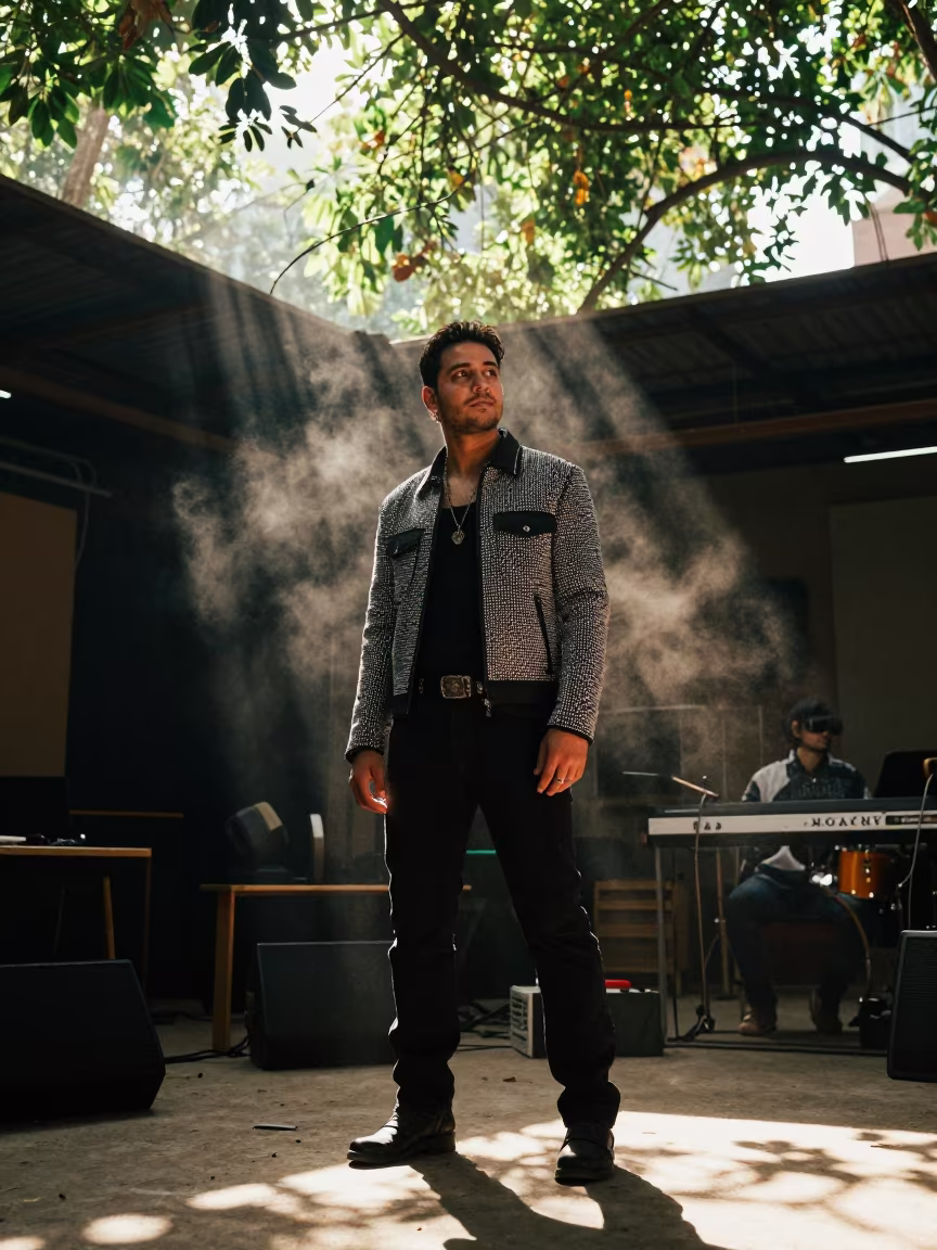 Singer in Rhinestone Jacket Under Dappled Light in in a rehearsal room in Barishal