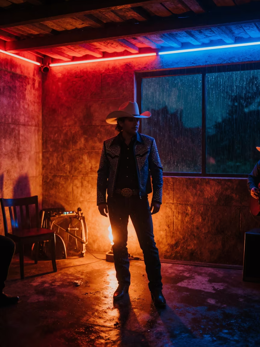 Singer in Rhinestone Jacket Under Neon Huehuetenango in in a rehearsal room in Huehuetenango