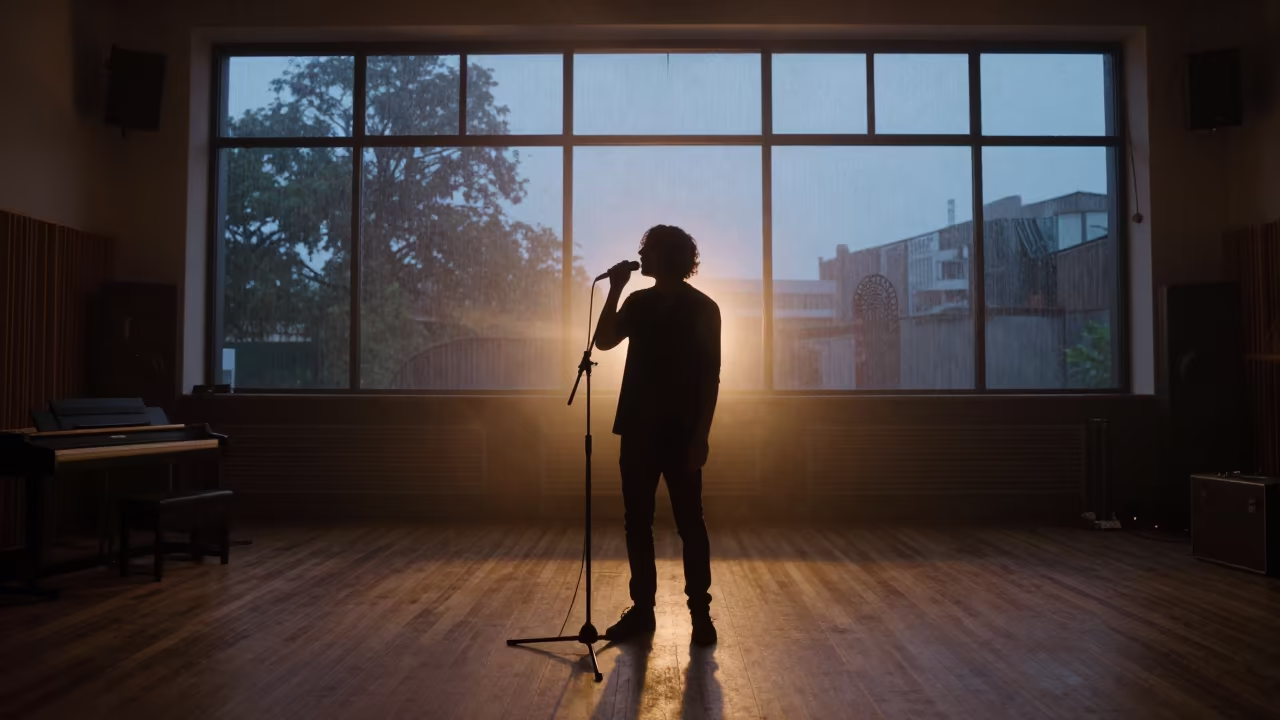 Singer Silhouette Under Amber Light in Brunswick Rehearsal in in a rehearsal room in Brunswick, Melbourne