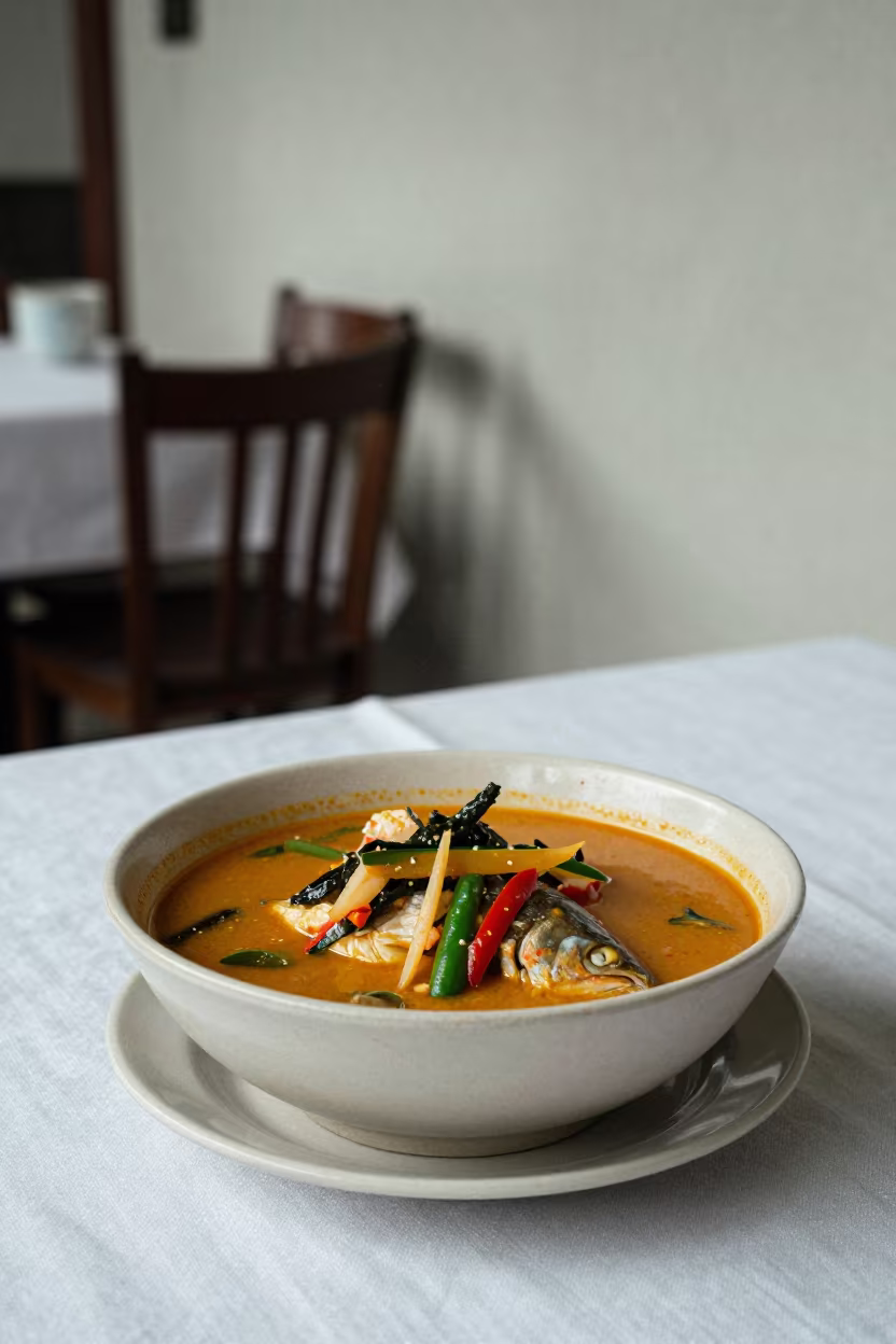 Sinigang Bowl in Davao Restaurant Noon Light in on a linen-covered restaurant table in Davao
