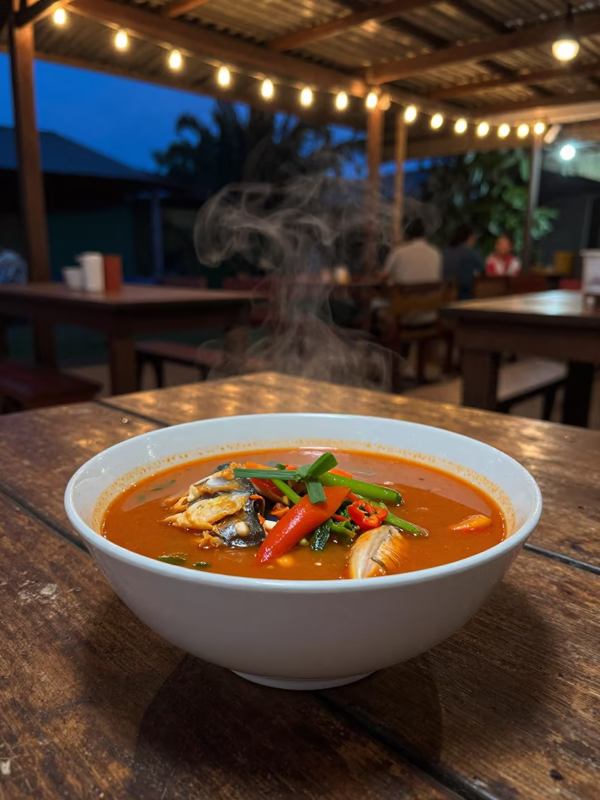 Sinigang Tamarind Broth Cebu Diner Table in at a roadside diner table in Cebu