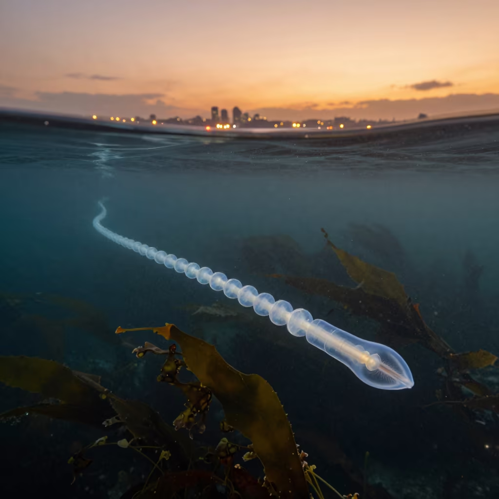 Siphonophore Drift Near Durban Kelp Shelf at Dusk in along a kelp-fringed shelf near Durban
