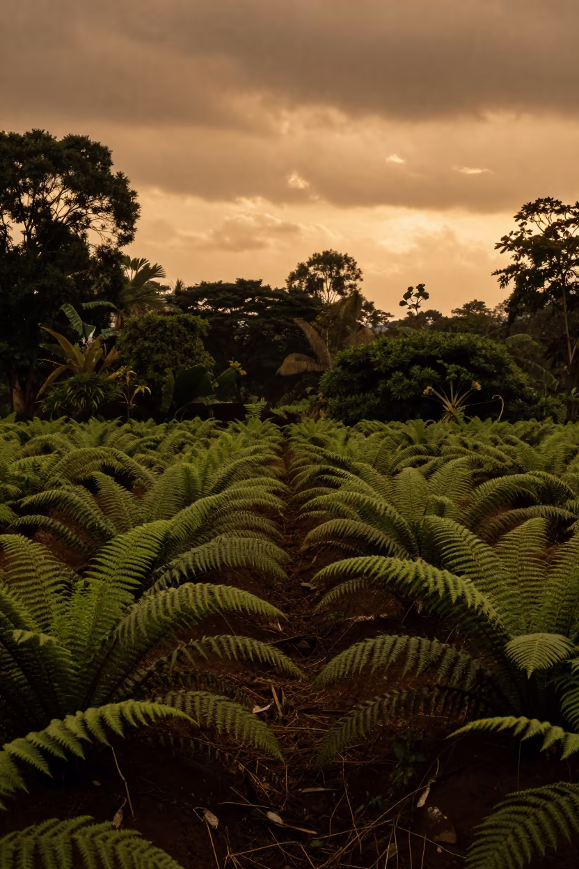 Sisal Rows in Amber Monsoon Sunset Light in on a fern-lined forest floor near Yaounde