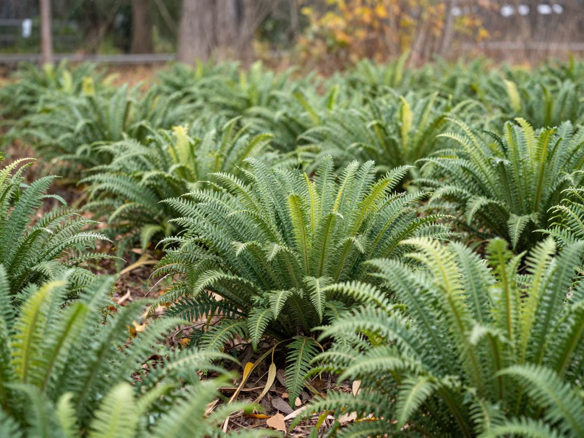 Sisal Rows with Snow on Fern Forest Floor in on a fern-lined forest floor near Osaka