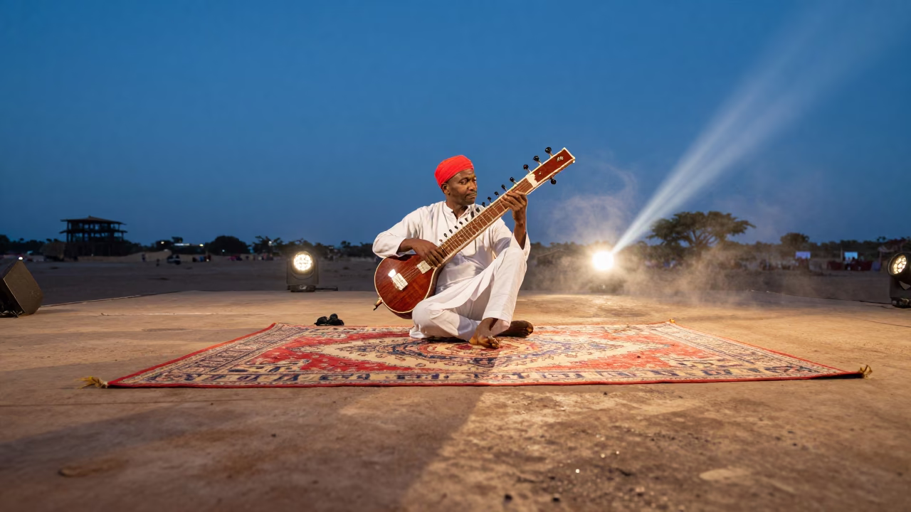 Sitar Master on Bouaflé Theater Stage at Twilight in on a theater stage in Bouaflé