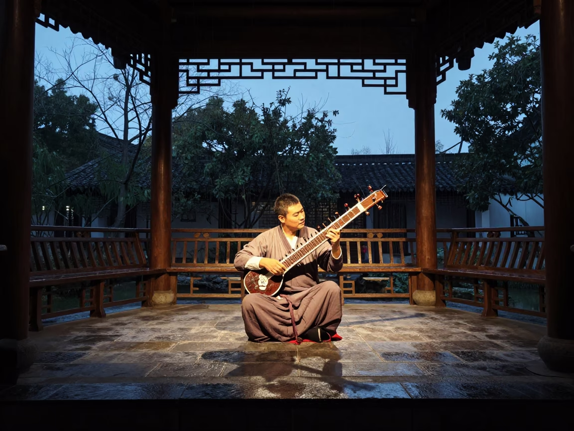 Sitar Player in Garden Pavilion Nanchang Twilight in on a festival main stage in Nanchang