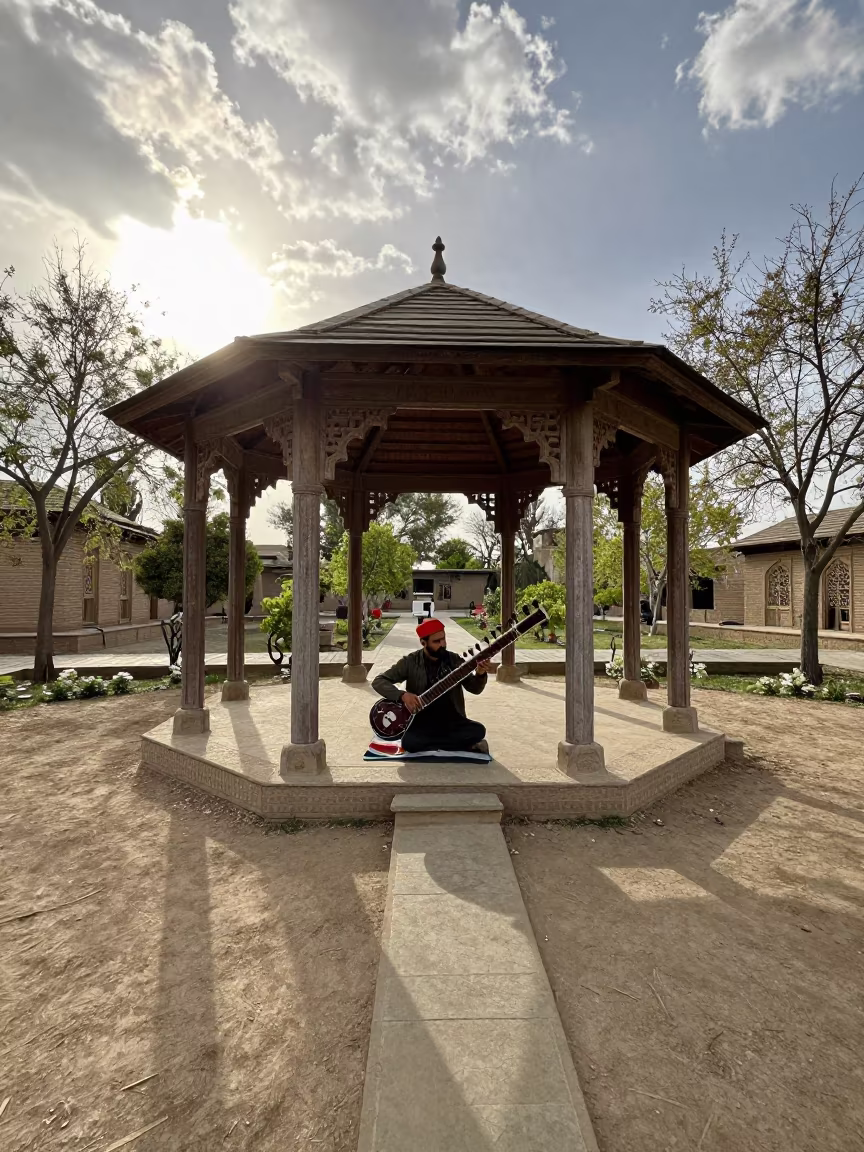 Sitar Player in Kohat Garden Pavilion at Sunset in in a rehearsal room in Kohat